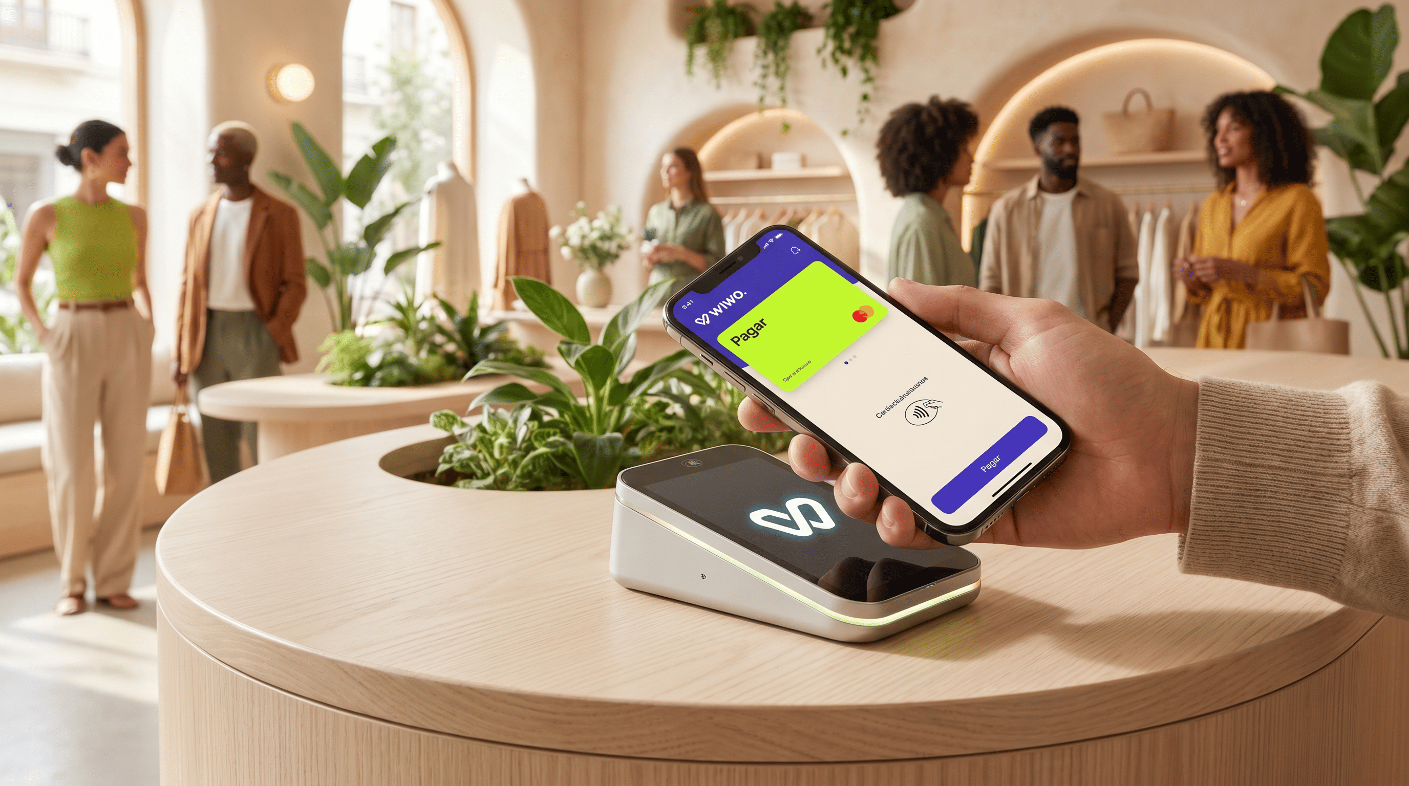 Pago móvil tap-to-pay con terminal Wiwo en tienda de moda