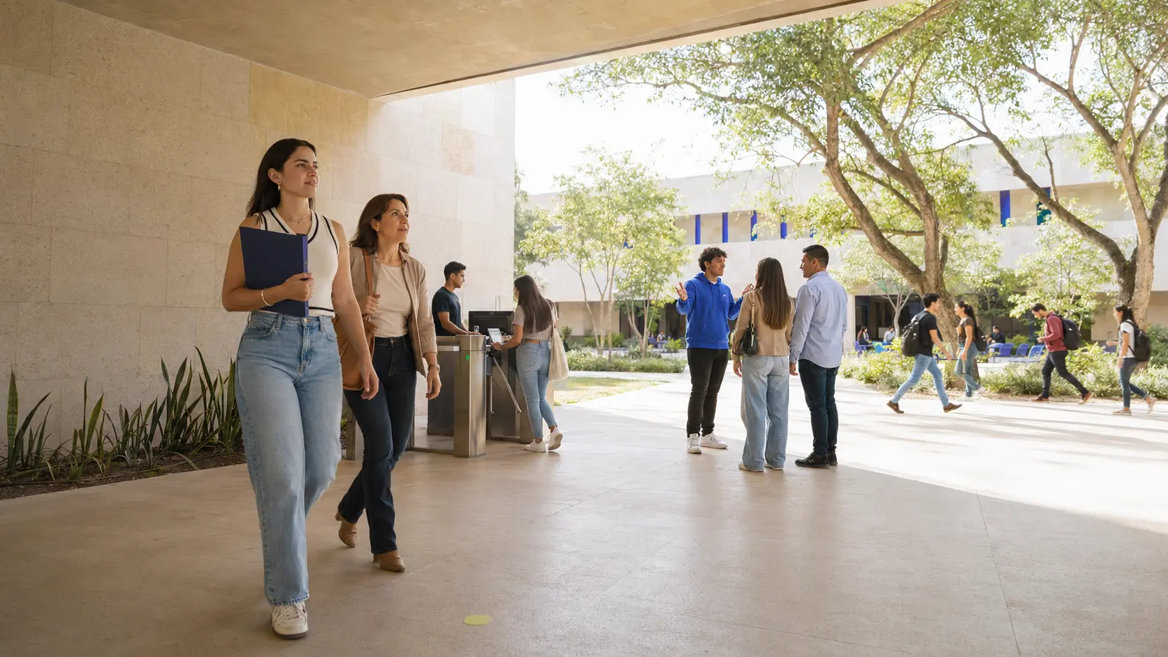 Recorrido de admisión en un campus contemporáneo