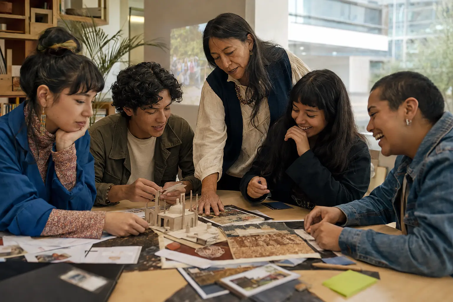 Estudiantes y educador colaborando en un proyecto educativo